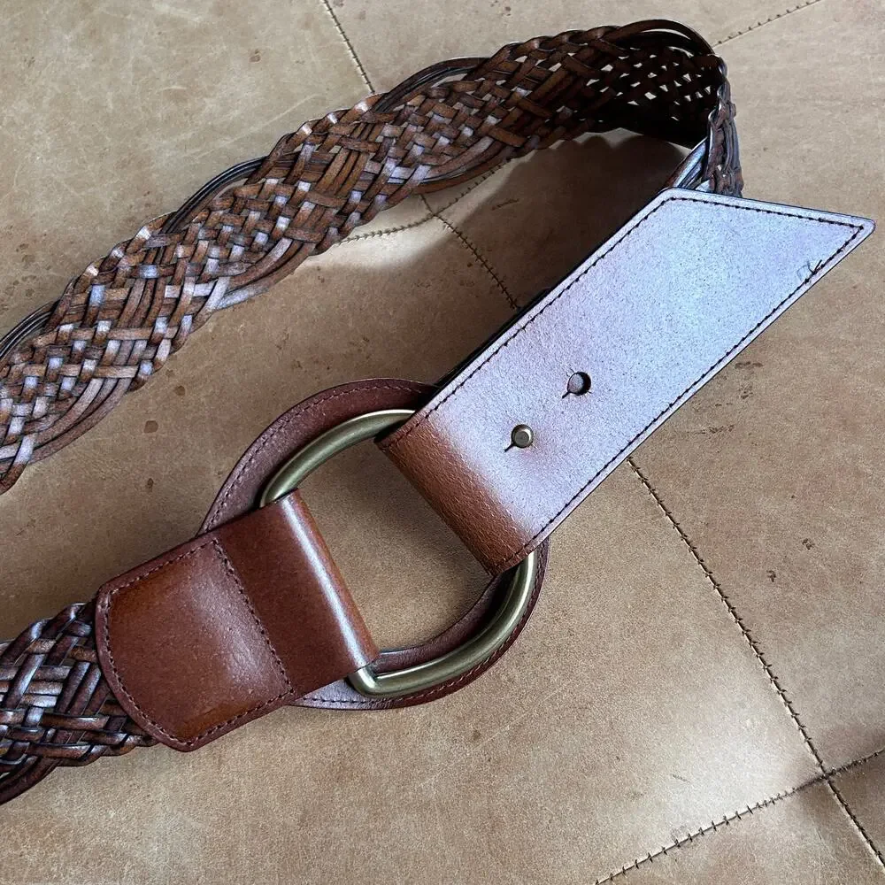 Wide Woven Leather Belt Brown Oversized Ring Buckle Boho Western Cowgirl Women M